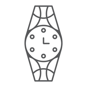 手表细线图标, 时钟和配件, 手表标志, 矢量图形, 在白色背景的线性图案