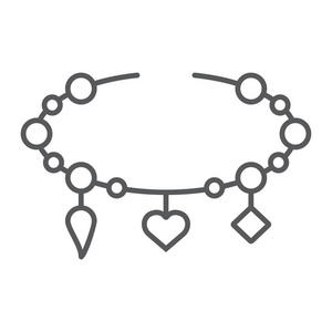 手链与心脏细线图标, 珠宝和配件, 手镯与吊坠标志, 矢量图形, 在白色