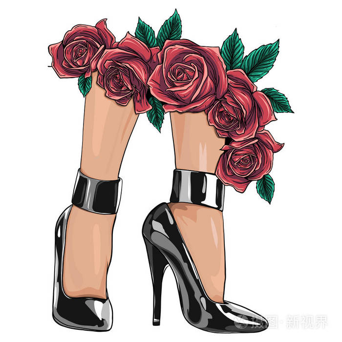 插画 穿高跟鞋的模特.时尚插图.穿鞋的女性腿.时尚风格的时髦图片.