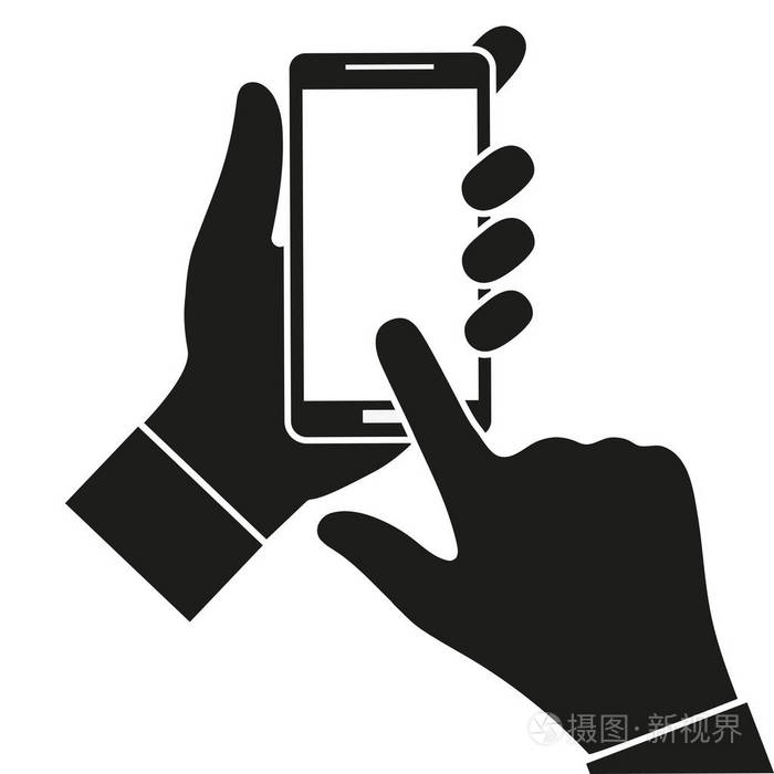 手握黑色智能手机触摸空白白色屏幕使用白色背景的移动智能手机