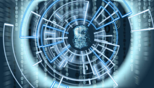 背景中有矩阵代码,并围绕着它的生物特征验证概念插画