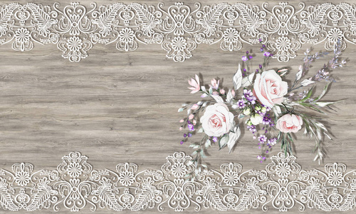 三维壁纸玫瑰花束和白色装饰花边的木制背景。 经典普罗旺斯风格