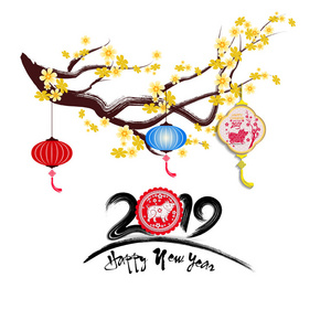 新年快乐，2019年。中国猪的新年。 樱花背景