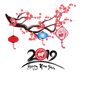 新年快乐，2019年。中国猪的新年。 樱花背景