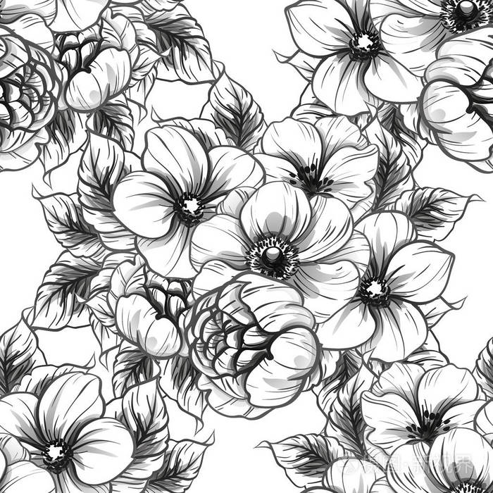 无缝复古风格的花型黑白花元素