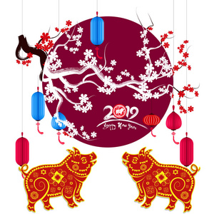 新年快乐，2019年。中国猪的新年。 樱花背景