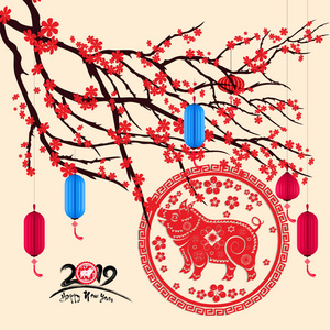 新年快乐，2019年。中国猪的新年。 樱花背景