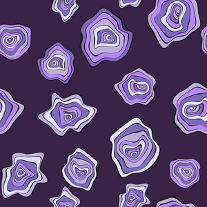 波浪状变形斑点。紫色抽象背景。与扭曲的圆圈无缝模式。带有彩色圆的矢量迷幻插图。织物纺织布料设计的波浪无缝图案