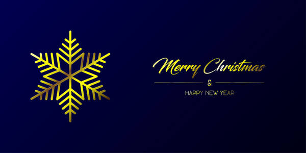 矢量插图宽贺卡与金色圣诞快乐和新年快乐，并在深蓝色背景上片状。