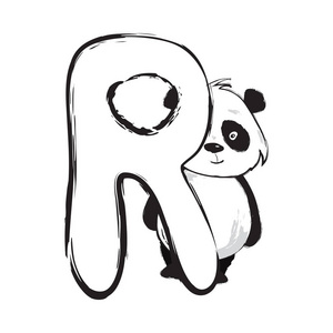 熊猫熊可爱的动物英语字母字母 r 与卡通婴儿插图