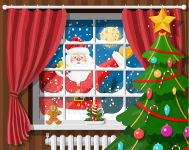 圣诞老人在房间窗口与圣诞树