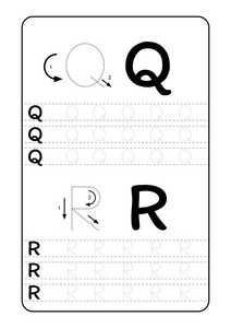 用字母表字母跟踪工作表。 幼儿园儿童A4纸的基本书写练习，准备打印矢量插图