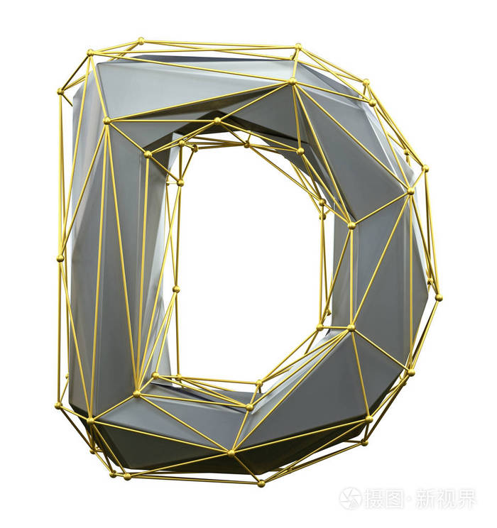 首都拉丁字母 d 在低聚式银色和金色查出在白色背景.三维