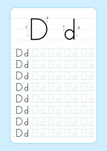 用字母表字母跟踪工作表。 幼儿园儿童A4纸的基本书写练习，准备打印矢量插图