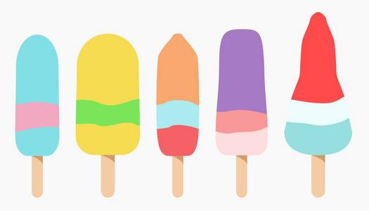 矢量平面图形样式插图集5个彩色冰棒，不同形状和大小，孤立在白色背景上