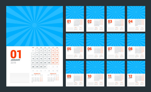 墙日历计划模板2019年。 一周从星期一开始。 矢量插图