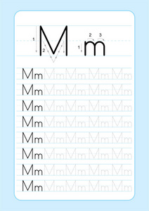 用字母表字母跟踪工作表。 幼儿园儿童A4纸的基本书写练习，准备打印矢量插图