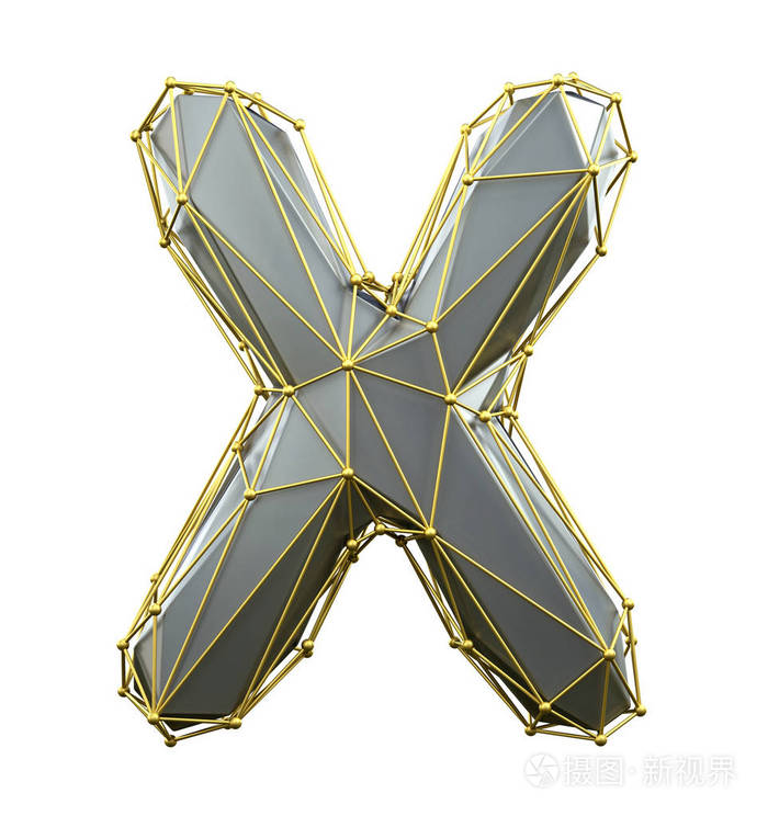 首都拉丁字母 x 在低聚风格的银色和金色隔离在白色背景.三维