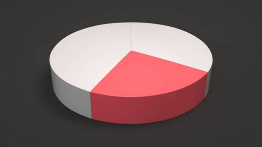 白色饼图，黑色背景上有一个红色扇区。 信息模型。 三维渲染图