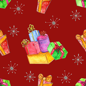 水彩圣诞无缝图案与礼物。 手绘礼品盒与丝带隔离在红色背景上。 假期背景