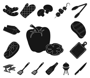 烧烤和设备黑色图标的集合设计。 野餐和油炸食品矢量符号股票插图。