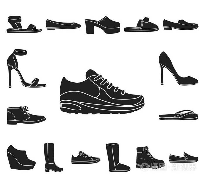 各种鞋的黑色图标集为设计收藏.靴子, 运动鞋矢量符号股票网页插图