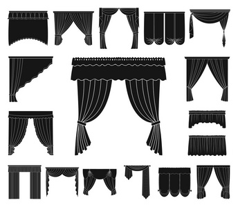 不同种类的窗帘黑色图标在集合中进行设计。 窗帘和lambrequins矢量符号股票插图。