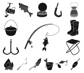 钓鱼和休息黑色图标集合中的设计。钓鱼矢量符号库的解决方法 web 插图
