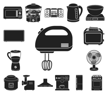 家用电器的类型黑色图标集合中的设计。厨房设备矢量符号库存 web 插图