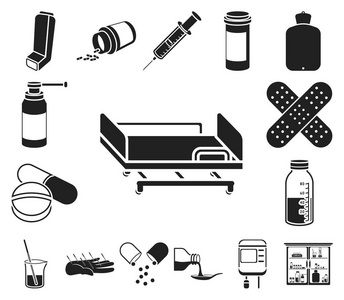药物和治疗黑色图标集合中的设计。药品和设备矢量符号库存 web 插图