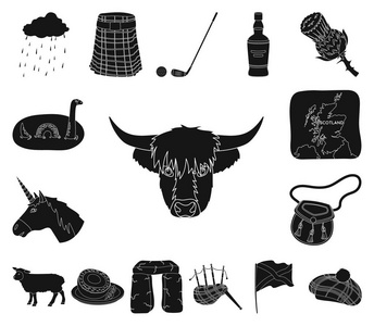 国家苏格兰黑色图标集合为设计。观光文化与传统矢量符号股票网站插图