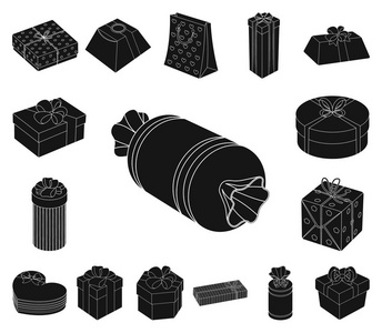 礼品和包装黑色图标集合中的设计。彩色包装矢量符号股票网页插图