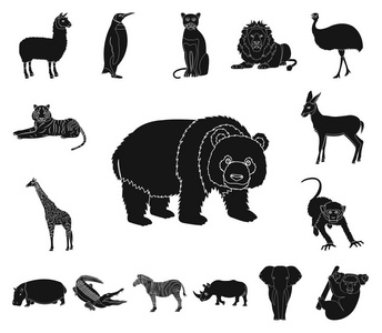 不同的动物黑色图标集合中的设计。鸟, 捕食者和草食动物矢量符号股票 web 插图