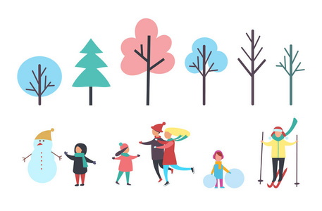 冬季儿童与雪人家庭和树向量