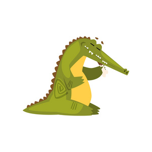 鳄鱼吃肉, 滑稽的捕食者动画片字符与骨头向量例证在白色背景