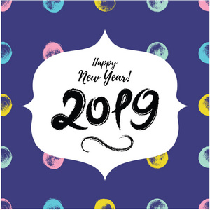 2019快乐新年可爱的贺卡手绘制点点滴滴的背景。素描孩子假期横幅, 贴纸, 标签, 画笔笔划壁纸