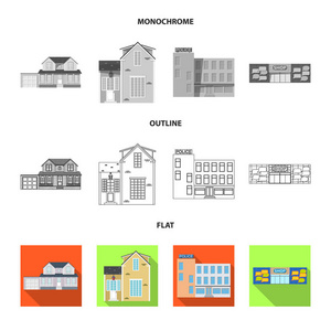 建筑和前面图标的矢量插图。股票的建筑和屋顶矢量图标集合