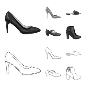 鞋子和妇女标志的向量例证。收集鞋类和足部矢量图标的股票