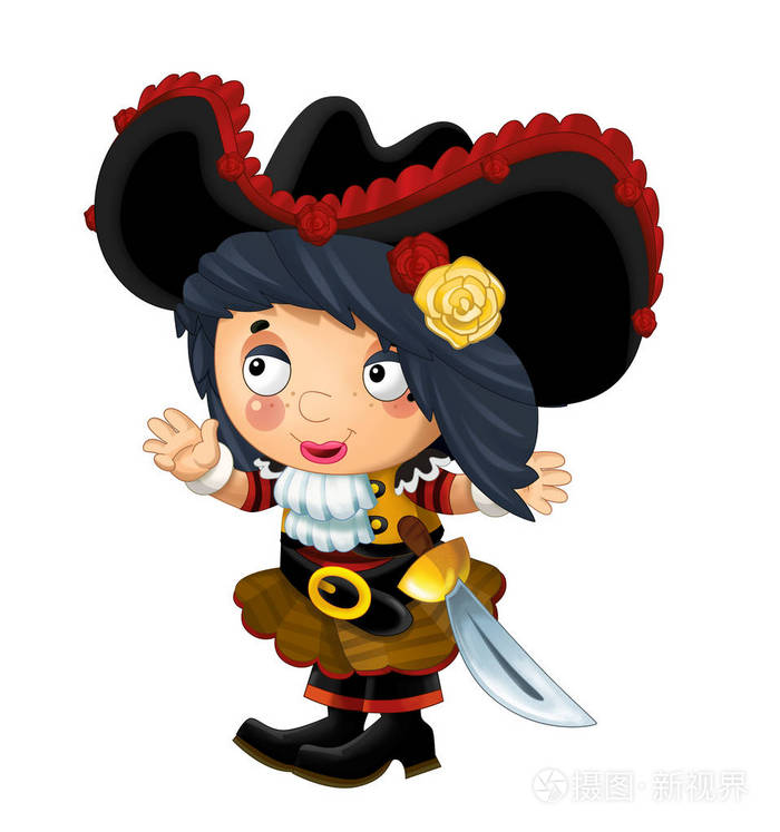 快乐的微笑卡通中世纪海盗妇女站在白色背景与剑微笑-儿童插图