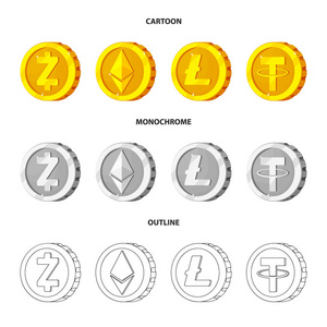 加密货币和硬币符号的矢量设计。库存密码货币和密码向量图标的集合。