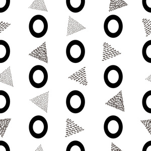 无缝图案，黑色数字为零，白色背景上有三角形。矢量图