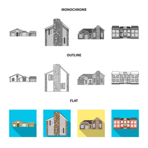 建筑和正面符号的矢量设计。一套建筑和屋顶矢量图标的库存。