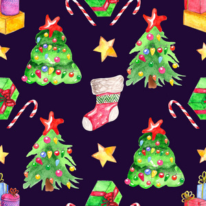 无缝水彩图案..圣诞元素的形式，礼物，康乃馨，星星和装饰圣诞树在黑暗的背景。漂亮的背景和壁纸
