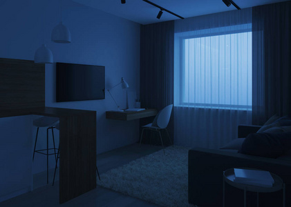 晚上衣柜设计一个有沙发的小房间. 晚安. 晚上的灯光. 三维渲染.照片