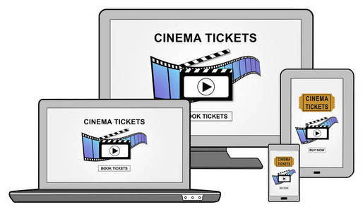 网上电影票预订概念展示於不同的资讯科技设备