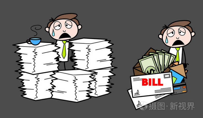 精疲力竭的工作量和票据卡通专业商人