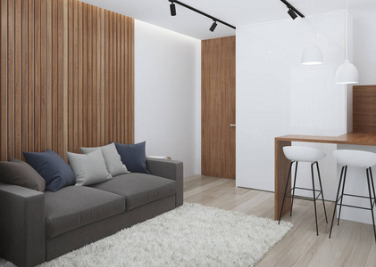 设计一个有沙发的小房间。 三维渲染。