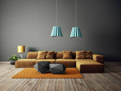 现代客厅有黄色沙发和灯。 斯堪的纳维亚室内设计家具。 三维渲染图