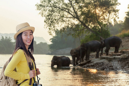 旅游亚洲妇女背包看到野生大象在美丽的森林在坎恰纳布里省泰国旅行度假。 旅行和旅行概念