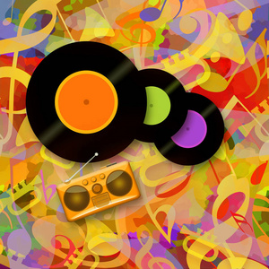 乙烯基唱片收音机喇叭，明亮的彩色快乐音乐背景